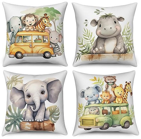 ASDCXZ Kinder Kissenbezug 40x40 cm 4er Set, Niedlich Tier Elefant Nilpferd Löwe Giraffe Sofa Dekokissen Kissenbezüge Kissenhülle Waschbar Polyester Flachs Textil Outdoor Kopfkissenbezug Kissen Bezug