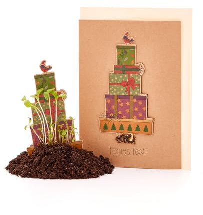 Nachhaltige Weihnachtskarte zum Einpflanzen mit Geschenk-Motiv inkl. Umschlag | Grußkarte Weihnachten mit Saatgut | Weihnachtsgrußkarte zum Verschenken | Klappkarte mit Aufschrift Frohes Fest