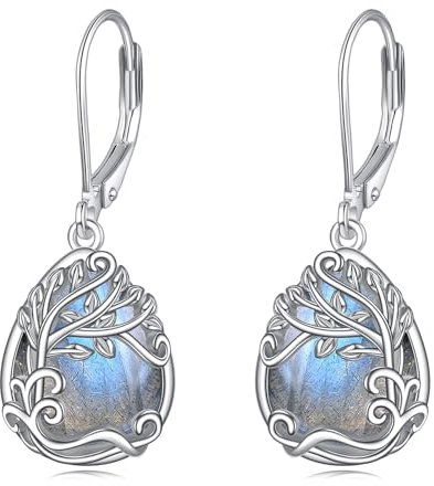 Baum des Lebens Labradorit Ohrringe für Damen 925 Sterling Silber Lebensbaum Tropfen Ohrringe Leverback Schmuck Geschenke (FF-Baum des Lebens Labradorit)