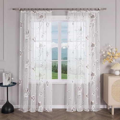 Delien Gardinen mit Kräuselband Ausbrenner Gardinenschals Transparente Modern Fenster Gardinen mit Blumenmuster Wohnzimmer Flächenvorhänge Dekoschals Vorhang 1 St. Weiß,BxH 140x175cm