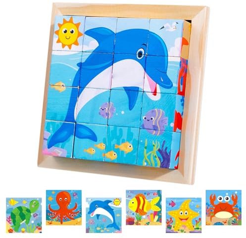 Würfelpuzzle Holz, Bilderwürfel Holz, 3D Bilderwürfel Puzzlespiele 6 in 1 Würfelpuzzle, Lernspielzeug Holzspielzeug für Kinder ab 1 2 3 4 Jahren, Montessori Stapelspiele für Kinder Jungen Mädchen