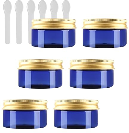 PQPAUTY 6 Pièces Vides Petit 100 ml Bleu Cosmétique Pot en Plastique avec Couvercle Or 100 g Pots de Cosmétique Crème de Bouteille Contenant avec 6x Spatules