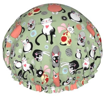 Lovely Cartoon Cats Print Waterproof Shower Cap, Double Layer Waterproof Shower Cap, Reusable Shower Cap