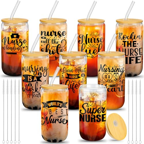 Honeydak Juego de 9 regalos de agradecimiento para enfermeras, regalos de enfermera, taza de enfermera de 16 onzas con tapa, cepillos de pajilla, taza de café helado, taza de café para enfermera,