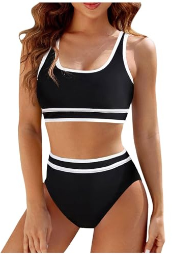 Maillot de Bain Bikini Femme 2 Pièces Amincissant Rayures Maillot de Bain Femme Débardeur Brassière avec Short de Plage Taille Haute Sport Natation Piscine Vacances (S, Noir)