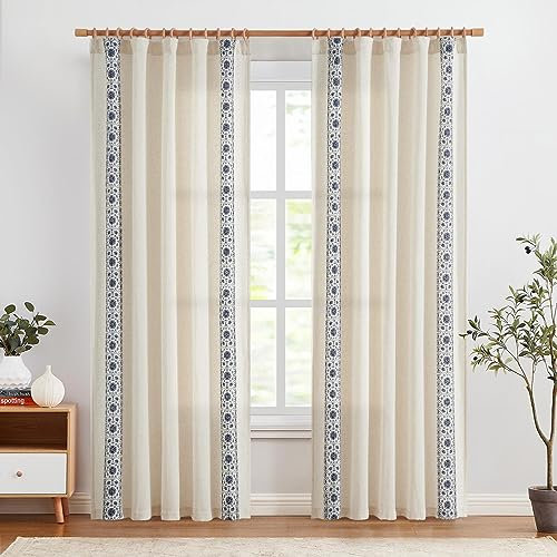 Vangao Leinenoptik Gardinen 140B x 225Hcm 2er Set Wohnzimmer Blumen Vorhänge mit Verdeckten Schlaufen Stickerei Küche Vorhang Boho Vintage Bauernhaus Curtain Schlafzimmer Lichtdurchlässig Blau