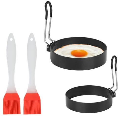 2 Pcs Anneaux à Oeufs Ronds, 7,5 cm/9 cm Moule Oeuf au Plat en Acier Inoxydable, Moules à Oeufs pour Friteuse, Anneau à Oeuf Antiadhésifs pour Cuisson œuf au Plat Pancakes, avec 2 x Brosse à Huile