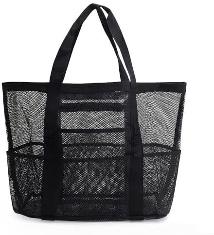 CRAZY SHARK Strandtasche mit Reißverschluss Badetasche XXL, Strandtasche aus Netz, Groß Faltbar Umhängetasche Tragetasche für Damen Herren für Strand Reise Spielzeugaufbewahrung Fitnessstudio