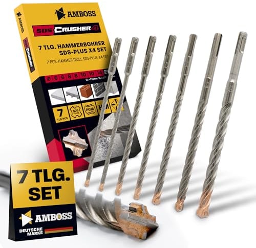 SDS+ Hammerbohrer Set 7tlg. 4X Schneiden PGM Ø 6-14mm x 210mm - AMBOSS Werkzeuge SDS Crusher 4 - HM Betonbohrer Hartmetall Profi Bohrer - Stahlbeton Steinbohrer Beton Mauerwerk Ziegel Kalksandstein