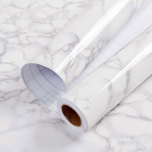 Hode Marmor Folie für Möbel Klebefolie Weiß Küche Marmoroptik, Möbelfolie Wandfolie Selbstklebend Mamorfolie, Weiss Hochglanz PVC Fensterbank Innen 90x1000cm