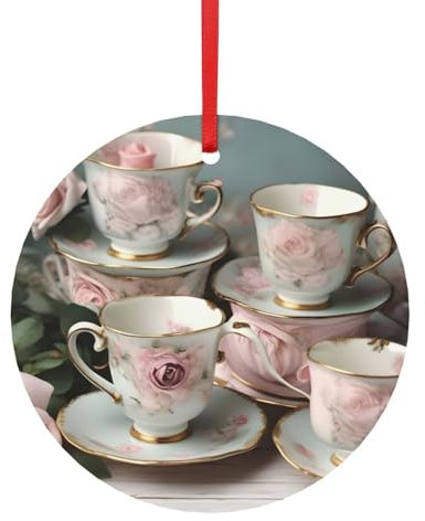 Tea Cups with Roses Romantic Metal Tea Cups with Roses Romantic Sublimation Christmas Ornament,Christmas Ornaments for Christmas Tree Decor,Pendants with Ribbon Assorted Sizes (Small,Large)