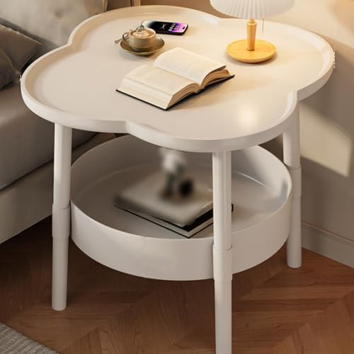 WEIDPHL 2-Tier-Sofa-Beistelltisch, Vier Blattklee-Endtisch, Plastik-Snacktisch Mit Lagerregal, Couchtisch, Tabletttisch Für Wohnzimmer,Weiß