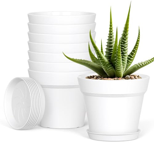 Plastic Plant Pots Indoor, 8 Pack 4Inch/10CM Small Plant Pots Flower Pot with Drainage Holes and Tray,Modern Decorative Planter Pot for All House Plants(White)