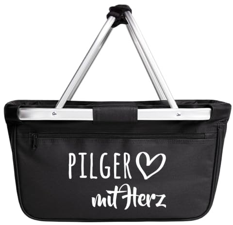 Huuraa Einkaufskorb Pilger mit Herz, Black, faltbar, 20 Liter | Faltbarer Tragekorb mit Alurahmen als Geschenk für Pilgerfreunde.