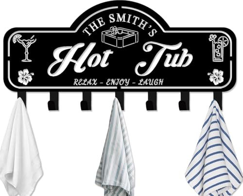 Custom Hot Tub Rack Wall Mount Personalized Name Metal Sign Poolside Towel Hook Outdoor Custom Towel Holder Organizer Hot Tub Accessories for Robe, Towel, Coat, Swimsuit, Umbrella, Bag, Keys