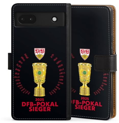 Klapphülle kompatibel mit Google Pixel 6A Handyhülle aus Kunst Leder schwarz Flip Case VfB Stuttgart Pokal Offizielles Lizenzprodukt