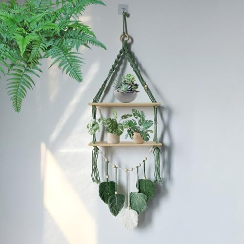 Whoiy Wandregal Holz Regal Wand Makramee Wanddeko, 2-Tier Rustikales Holz Schwimmende Regale Boho Wanddeko für Wohnzimmer Kinderzimmer Schlafzimmer Balkon