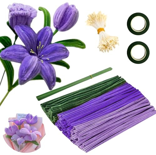 320 Stück Pfeifenputzer Blumen, 3 Farben Pfeifenreiniger Blumen mit 20 Grün Basteldraht,Klebeband,Ein Bündel Staubgefäße,DIY Bastelprojekte und Dekorationen(Hellviolett,Grün,Violett)