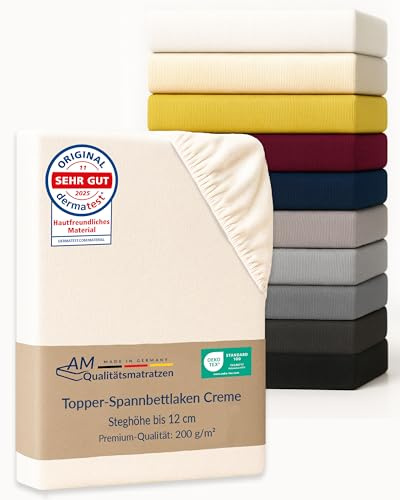 AM Qualitätsmatratzen Premium Spannbettlaken 80x220cm Topper (200gsm) in Creme - Made in Germany - Oeko TEX zertifiziertes Topper Spannbettlaken 80x220 - Jersey Spannbettuch - Fitted Sheets