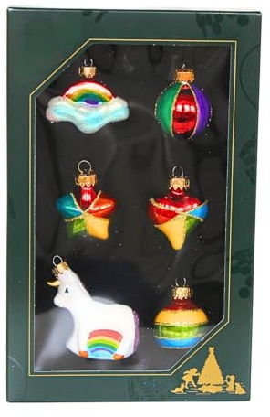 Dekohelden24 Lauschaer Christbaumschmuck - 6er Set Christbaumkugeln Lauscha, Glaskugeln, Glasornamente Einhorn - Baumschmuck zum Adventskalender befüllen, aus Lauscha, Größe: 3,5 cm je Ornament.