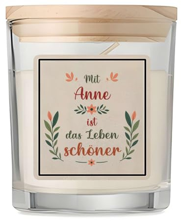 Duftkerze im Glas mit Spruch Anne Leben schöner– Dekokerze mit Kraft-Etikett Geschenkidee für Frauen, Mama, Oma, Kollegin – Geburtstag, Muttertag, Weihnachten, Valentinstag, Ruhestand