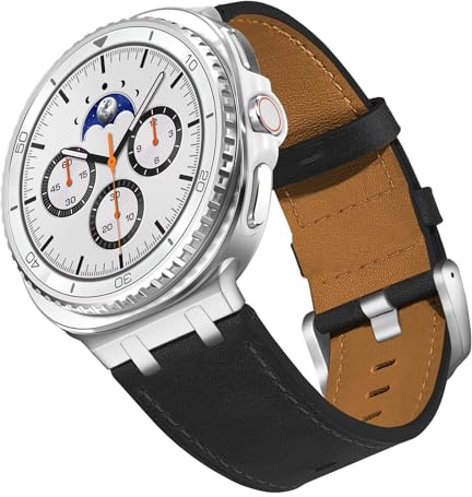 VeveXiao Lederarmband, kompatibel mit Samsung Galaxy Watch 8 Classic, 46 mm, robustes Vintage-Echtleder, extra 26 mm breit, Uhrenarmband, Galaxy Watch 8, 40 mm, 44 mm, Silber-Schwarz