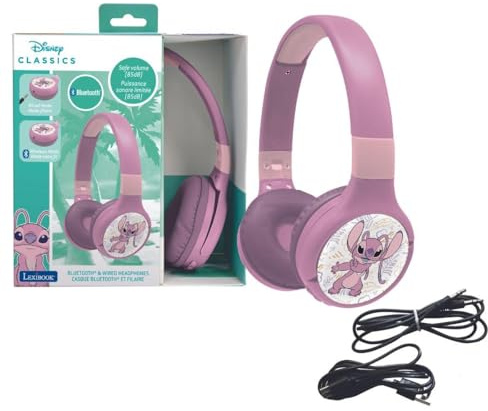 LEXIBOOK, Disney Stitch, Angel 2-in-1 Bluetooth & Wired Headphones with microphone and control buttons, Foldable and Adjustable, Long-lasting rechargeable battery, Pink, HPBT010D1LXB