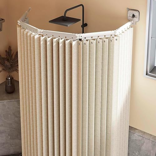 Générique Rideau De Douche sans Perçage avec Tringle,Tringle à Rideau De Douche en L/U,Ventouse Ultra-Puissante,Rideau De Douche Pliable, à Angle Réglable,pour Baignoire,Beige,3 Folds