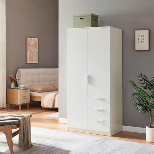 [en.casa] Kleiderschrank Eiselfing Schrank mit 2 Türen Garderobenschrank 176 x 80 x 52 cm Schlafzimmerschrank 1 Kleiderstange 4 Fächer 3 Schubladen Weiß