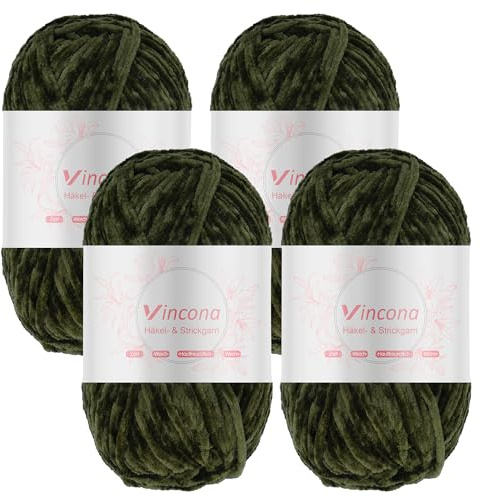 Vincona 4 x 100g Chenille Wolle zum Häkeln - Kuschelig und hautfreundlich，Garn zum Stricken und Häkeln - 100% Polyester – 4 x 120 m – Nadelstärke 5-6 Olivgrün