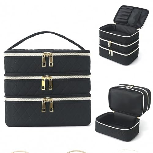 Eulihent Nail Varnish Storage, 3 Layer Makeup Bag Organiser Makeup Bag with Compartments, Black Vanity Bag for Lipstick, Manicure Tools Storage