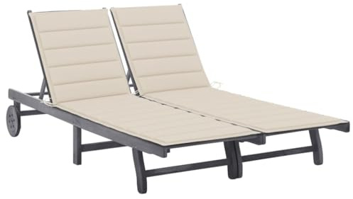 Hoopleep Chaise longue pour 2 personnes avec coussin, gris, bois massif d'acacia massif, réglable, roues, pour jardin, terrasse, piscine, 200 x 123 cm, confortable