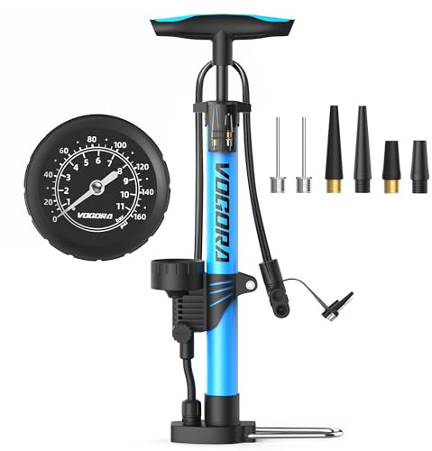 VOGORA Bike Pump with Pressure Gauge, Bicycle Pump with Presta & Schrader Valves Bike Pump for all Bikes, Foot Pump for Car Tyres, Road Mountain Bikes & Balls