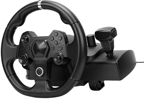 Yechiry 11 Inch Gaming Steering Wheel, 270 Degree Rotation with 7 Level Adjustable Sensitivity and Dual Joysticks, with Programmable Pedals and G Clamp, for PC