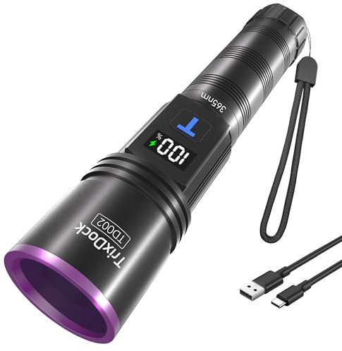 TrixDock 365nm UV Taschenlampe Aufladbar, Starke Schwarzlichtlampe mit LCD-Display, 4-Kern UV Lampe mit Filterlinse, für Bernstein, Scorpion, Geldscheinprüfung, Urin-Detektor