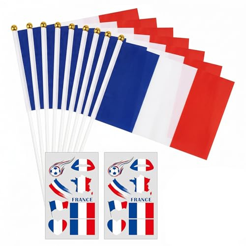 12-Piece France Decoration Set: 10 x France Flag Hand Flag & 2 x Face Tattoos for Football World Cup European Championships 14th July National Day Fan Item French Mini Flag with Stick for Party Parade