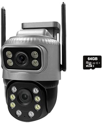 Telecamera IP 4G con scheda SIM, doppio obiettivo, impermeabile, monitor di sorveglianza for esterni, visione notturna, protezione sicurezza CCTV domestica per magazzino commerciale(Camera 64G Card)