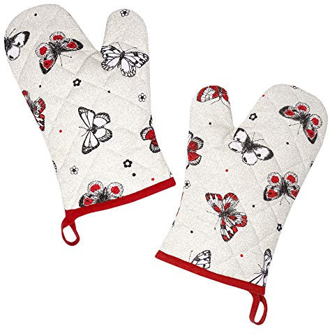 Lashuma Handschuhe rot - beige, 2X Küchenhandschuhe Schmetterlinge, Ofenhandschuhe 30x20 cm