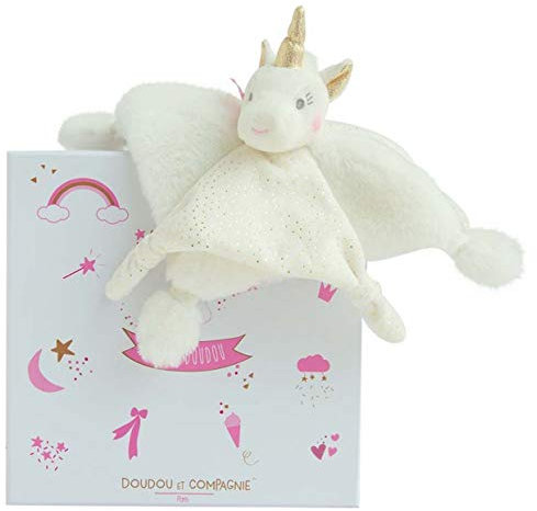 DOUDOU ET COMPAGNIE - Doudou Plat Licorne Carré - 22 cm - Or/Blanc - Collection Lucie la Licorne - Tout Doux Pour Bébé - Idée Cadeau Naissance - Avec Boite Cadeau - Garantie Doudou Perdu - DC3275