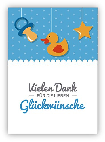 5x Süße, hellblaue Dankeskarte zur Geburt eine Babys mit Ente und Schnuller: Vielen Dank für die lieben Glückwünsche - Danksagungs Karte für Glückwünsche zum Baby mit Umschlag
