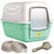 CAT CENTRE Green Large Hooded Luxury Cat Litter Tray & Gusto Food Water Bowls Bundle