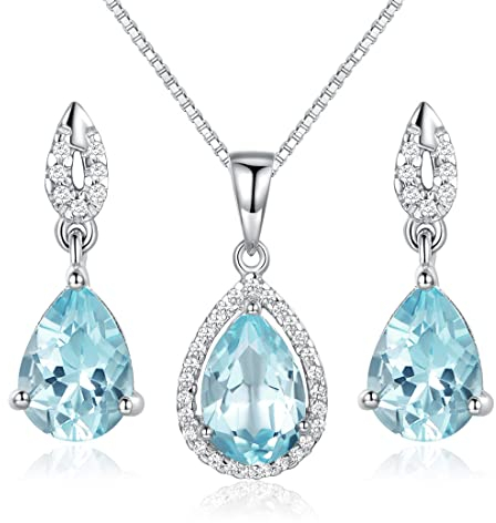 925 Sterling Silber Schmuckset Damen Kette Tropfen Ohrring Halskette Anhänger Ohrstecker Aquamarin Geschenkverpackung 40+5CM Kettenlänge Party/Jahrestag/Geburtstag