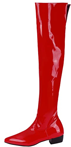 MJIASIAWA Damen Pointed Toe Winter Lack Overknees Mitte Absatz Lack Boots Reißverschluss Thigh Kleid Party Prom Warm Boots Rot Gr 41 EU/43 Asiatisch