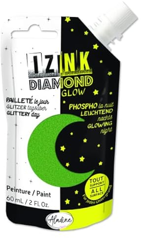 Aladine - Izink Diamond Glow - Pittura glitterata il giorno, fosforescente di notte - Ultra coprente, tutto supporto - Fai da te e hobby creativi - Borraccia morbida da 60 ml - verde 82091