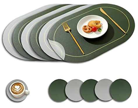 Paiouda 6er Platzset mit Untersetzer Oval Hitzebeständig Zweiseitig Tischset aus Kunstleder abwaschbar Platzdeckchen Wasserdicht Platzset für Küche Tischdeko, Dunkelgrün+Hellgrau, 45x30cm