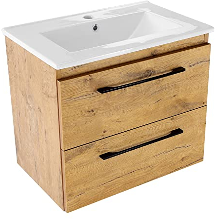 Waschbecken mit Unterschrank 60 cm Breit Girona, Waschbeckenunterschrank Hängend mit Schubladen, Waschtischunterschrank, Waschbeckenunterschrank Holz (Lancelot-Eiche) - Keramik Waschtisch
