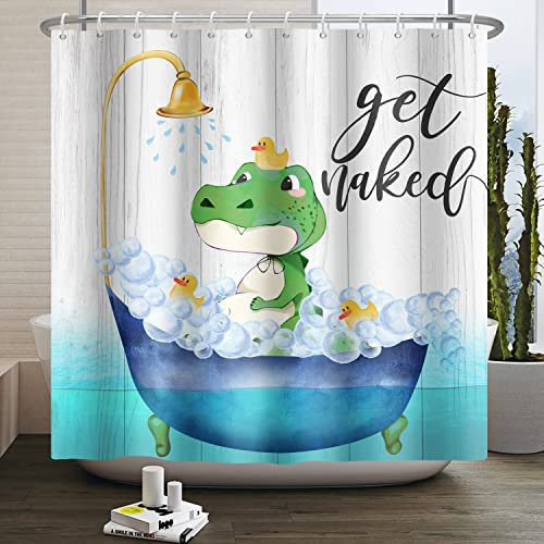 SDOTPMT 180x180cm Erhalten Nackt Duschvorhang Komisch Dinosaurier Süßer Cartoon Dino Tier Klein Ente Dunkel Blau Badezimmervorhang für Kinder Kinder Heim Kinderzimmer Badewannen