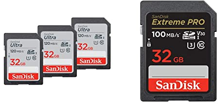 SanDisk Ultra SDHC UHS-I Speicherkarte 32 GB 3er-Pack & Extreme PRO SDHC UHS-I Speicherkarte 32 GB (V30, Übertragungsgeschwindigkeit 100 MB/s, U3, 4K UHD Videos, temperaturbeständig)