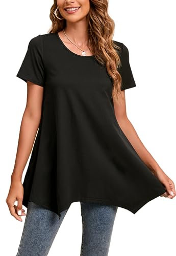 Enmain Black Tunic Tops for Women Short Sleeve Ladies Tunics to wear with Leggings Womens Casual Blouse Hankerchief Hem Top for Summer,Black,3XL