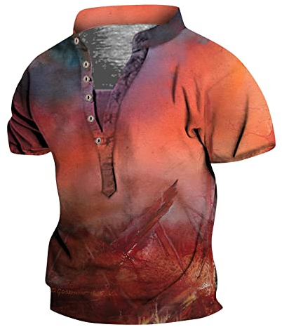 Polo Shirt Herren T Shirt Henry-Kragen mit Knöpfen Hemd Vintage Western Denim Print Poloshirts Hemden Casual Regular fit Sommer Button Down Tops Shirts mit Knöpfen Sport Blusen